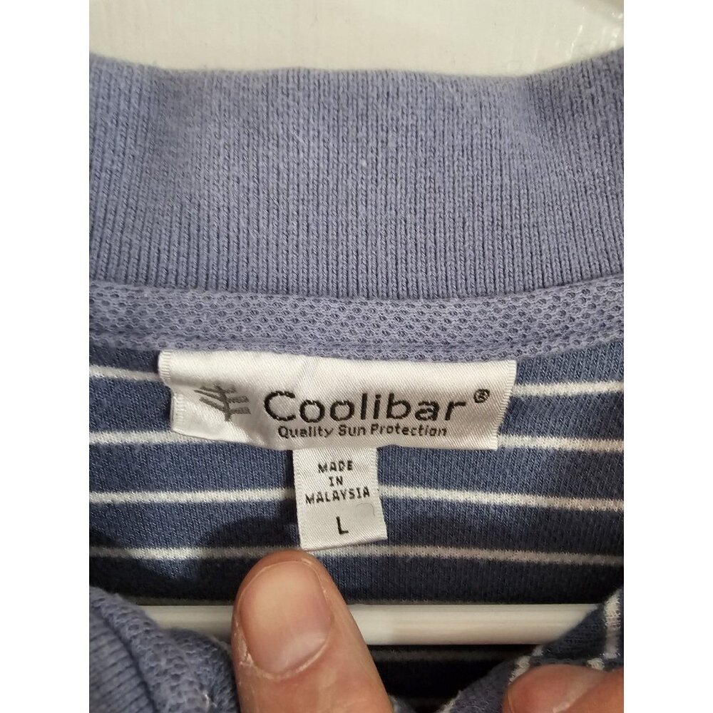 Coolibar Men’s Large Blue White Striped Long Sleeve Polo UPF Sun Shirt Preppy - Picture 4 of 7